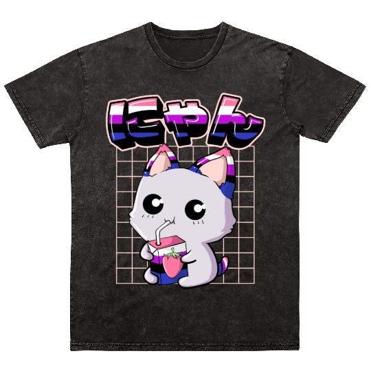 Genderfluid Pride Kawaii Cat Strawberry Milk Mineral Wash T Shirts