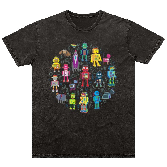 Robots in Space grey fun Robot Mineral Wash T Shirts