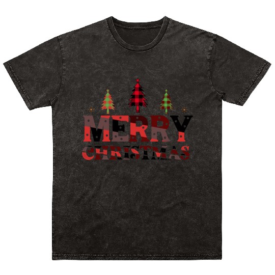Xmas Merry Christmas Buffalo Plaid Fir Tree Mineral Wash T Shirts