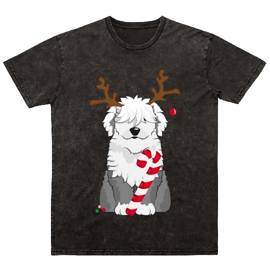 Bobtail dog with candy cane and reindeer antlers Mineral Wash T Shirts