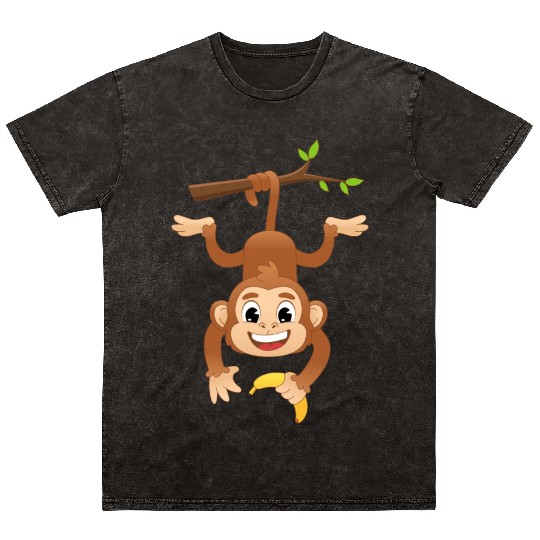 Monkey Holding Banana On Tree Primate Gorilla ape Mineral Wash T Shirts