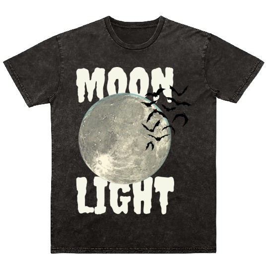 Dark Green Illustrated Moon Light Bat Mineral Wash T Shirts