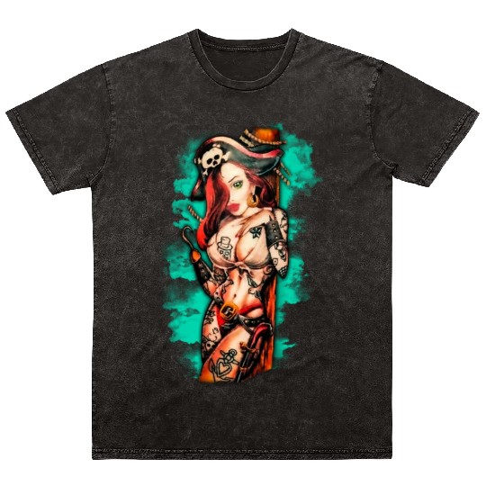 Pirate Pin-Up Tattoo Style Mineral Wash T Shirts