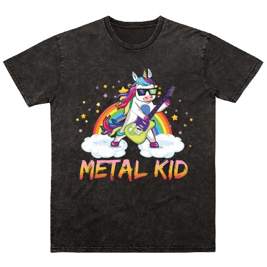 Metal Kid Music Guitar Unicorn Rainbow Heavy Rock Mineral Wash T Shirts