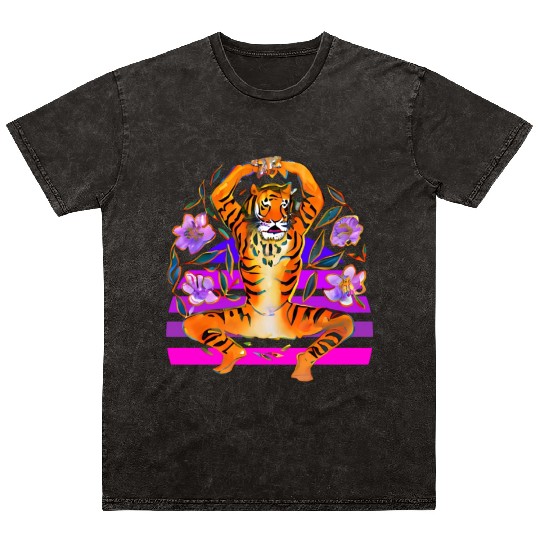 Yoga Tiger loves flowers Mineral Wash T Shirts