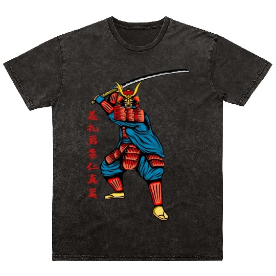 Japanese samurai warrior red writing mask Mineral Wash T Shirts