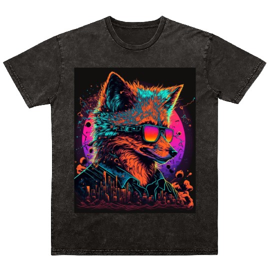 Retro Futuristic Synthwave Fox Mineral Wash T Shirts