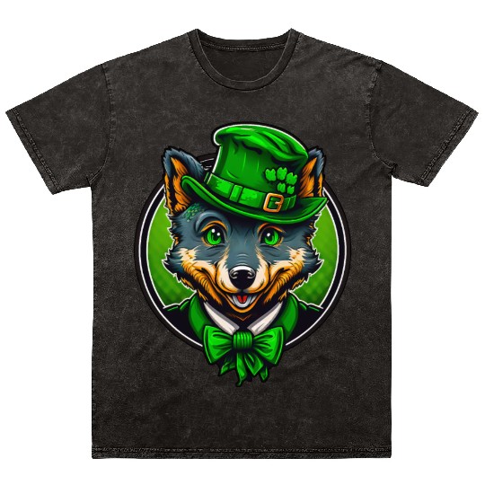 Cute Wolf St. Patrick's Day Hat With Green Eyes Mineral Wash T Shirts