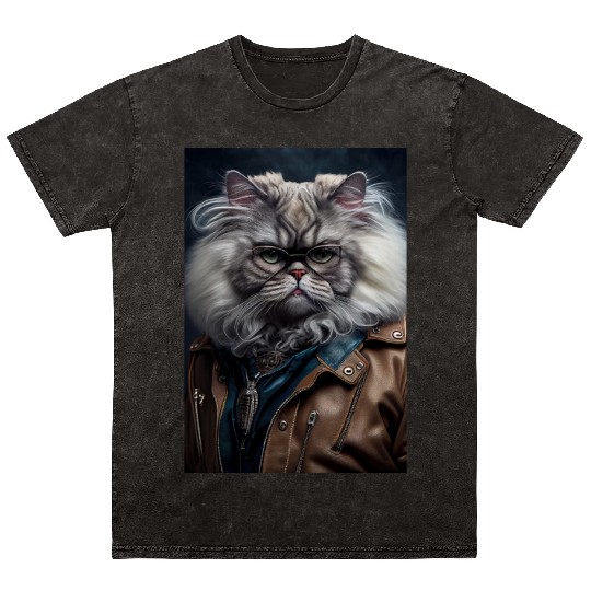 Persian Cat Breed Portrait wears a leather jacket Mineral Wash T Shirts