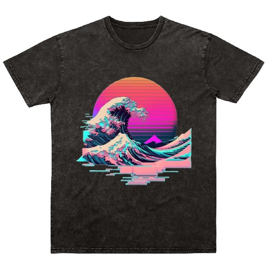 Vaperwave Aesthetic Glitch Great Wave Retrowave Sy Mineral Wash T Shirts