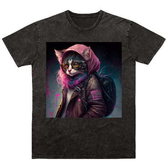 Cat in streetwear wearing a Mineral Wash T Shirts in digitalpunk