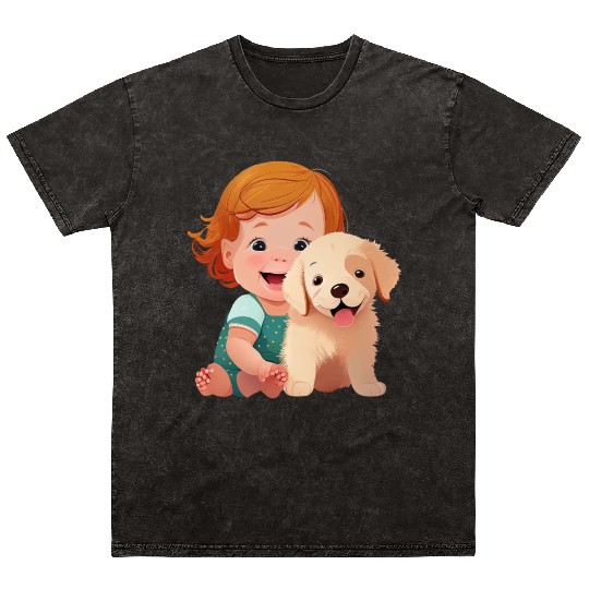 Sweet baby smiling with lovely puppy Mineral Wash T Shirts