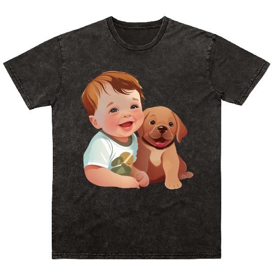 Sweet baby smiling with lovely puppy Mineral Wash T Shirts