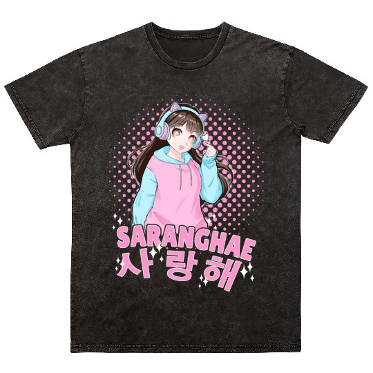 Saranghae Cute Korean Anime Girl Kpop Finger Heart Mineral Wash T Shirts