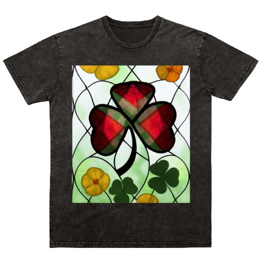 Red plaid Shamrock with Yellow Poppies (AI Art) Mineral Wash T Shirts