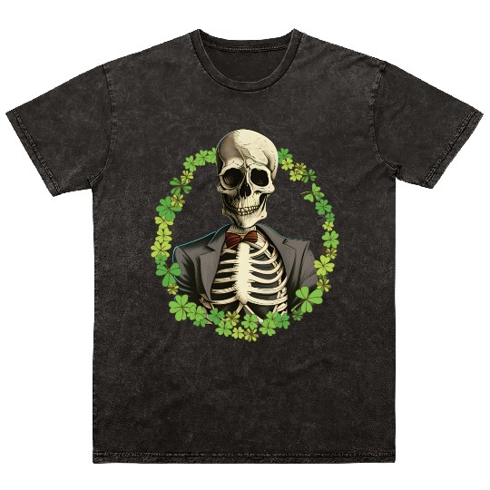 Skeleton Vintage Retro Creepy Cute Shamrock Mineral Wash T Shirts