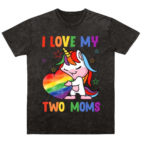 I Love My Two Moms Cute LGBT Gay Ally Unicorn Girl Mineral Wash T Shirts
