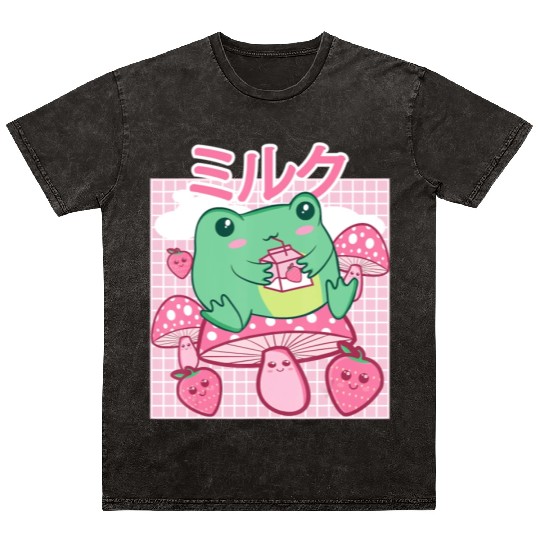 Cottagecore Aesthetic Kawaii Frog Drinking Japanes Mineral Wash T Shirts