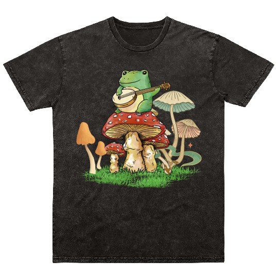 Frog Playing Instrument On Mushroom Mineral Wash T Shirts