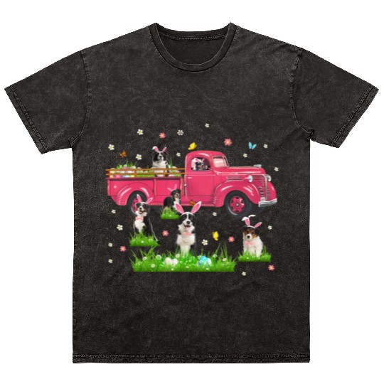 Truck With Border Collie Dogs Lover Bunny Easter Mineral Wash T Shirts