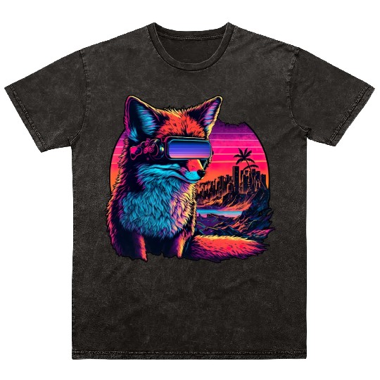 Retro Futuristic Synthwave Fox Mineral Wash T Shirts