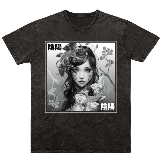 Yin Yang Koi Fish Gothic Emo Japanese Cherry Bloss Mineral Wash T Shirts