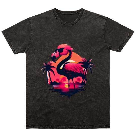 Retro Sunset Pink Flamingo Summer Design Flamingo Mineral Wash T Shirts