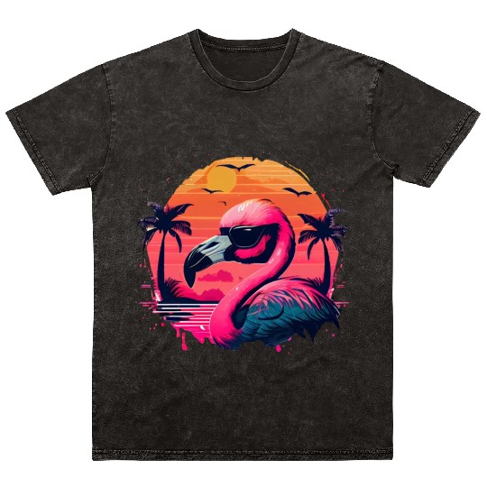 Retro Sunset Pink Flamingo Summer Design Flamingo Mineral Wash T Shirts