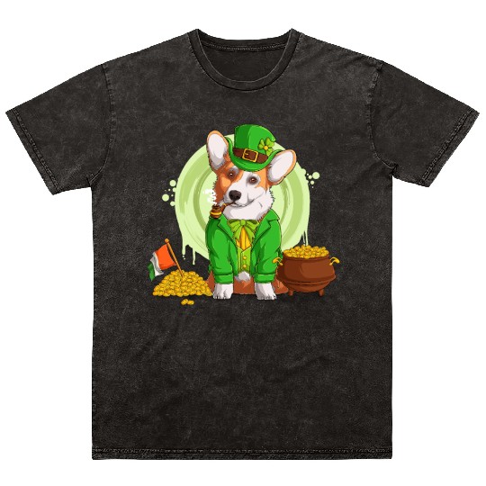 Irish Flag Corgi Dog Smoking a Pipe, Shamrock St P Mineral Wash T Shirts