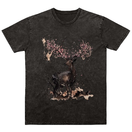 Deer Cherry blossoms Sakura tree Sumie Mineral Wash T Shirts