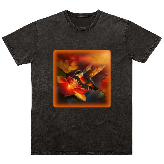 Hummingbird Hibiscus Flower Morning Sunrise Nature Mineral Wash T Shirts