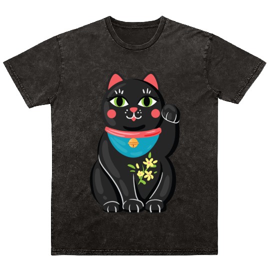 Japanese Maneki Neko Black Cat Bad Luck Protection Mineral Wash T Shirts