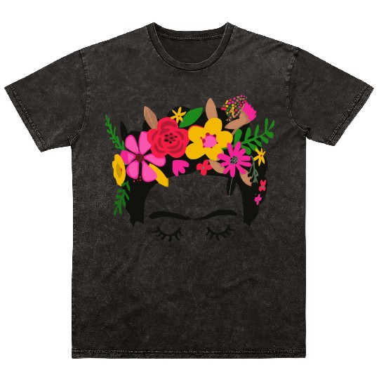 Frida Kahlo Illustration Floral Boho Style Mexican Mineral Wash T Shirts