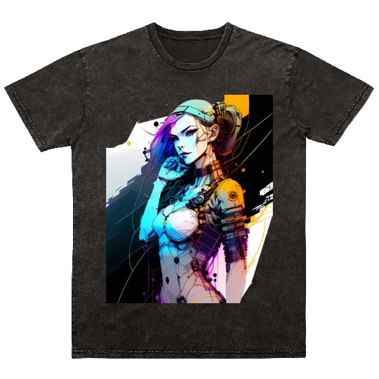 The Neon Future A Cyberpunk Girl with Purple Hair Mineral Wash T Shirts