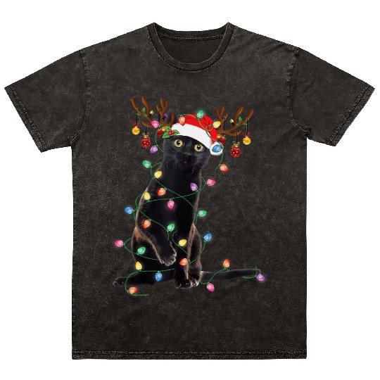 Reindeer Black Cat Christmas Lights Funny Cat Lov Mineral Wash T Shirts