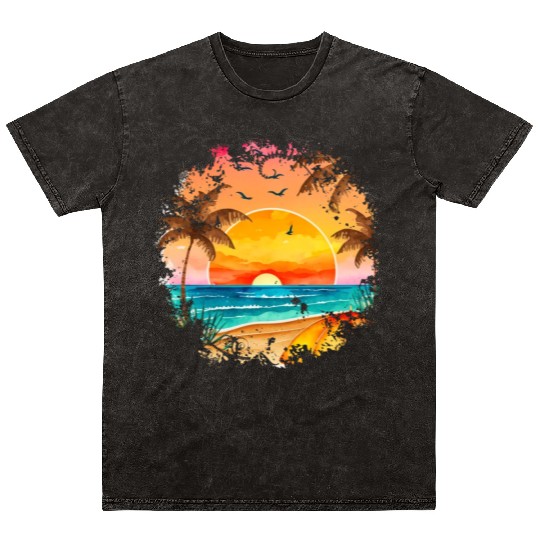 Beach Sunset Watercolor Design Art 6 Mineral Wash T Shirts