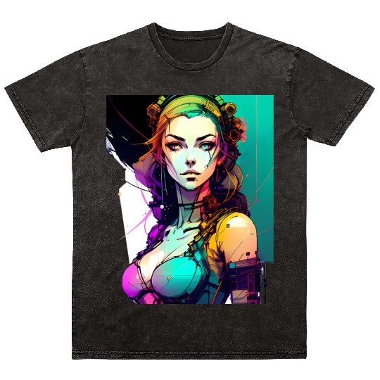 Technicolor Dreams Cyberpunk Girl in Vibrant Hues Mineral Wash T Shirts