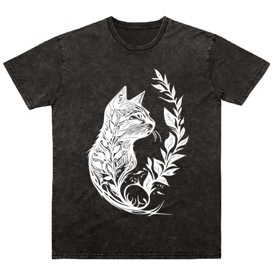 Cute Little Cat In Nature Tattoo Style Mineral Wash T Shirts