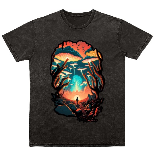 Psychedelic Forest Surreal Wanderer Mushrooms Mineral Wash T Shirts