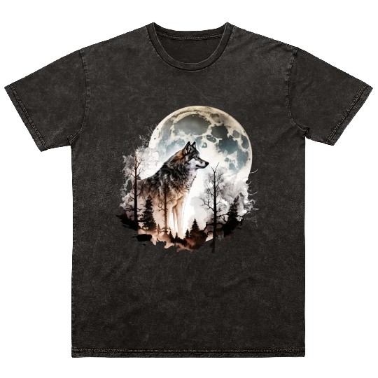Wolf Moonlight Forest Wild Werewolf Watercolor 5 Mineral Wash T Shirts