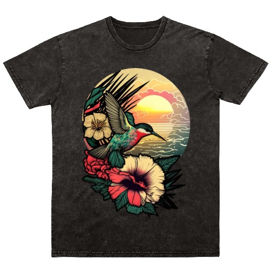 Hummingbird flies over hibiscus flower Tropical Mineral Wash T Shirts