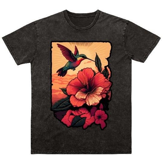 Hummingbird flies over hibiscus flower Tropical Mineral Wash T Shirts