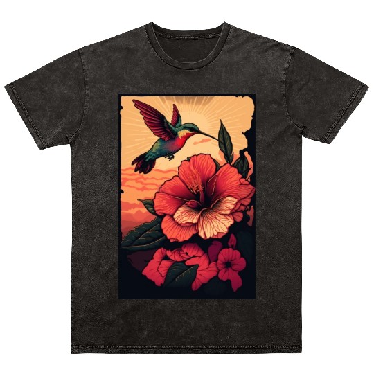 Hummingbird flies over hibiscus flower Tropical Mineral Wash T Shirts
