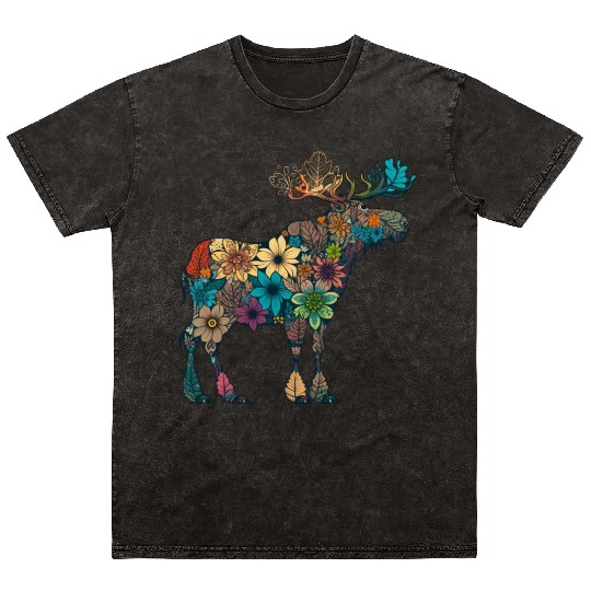 Floral Moose Elk Deer Wild Animal Watercolor 4 Mineral Wash T Shirts