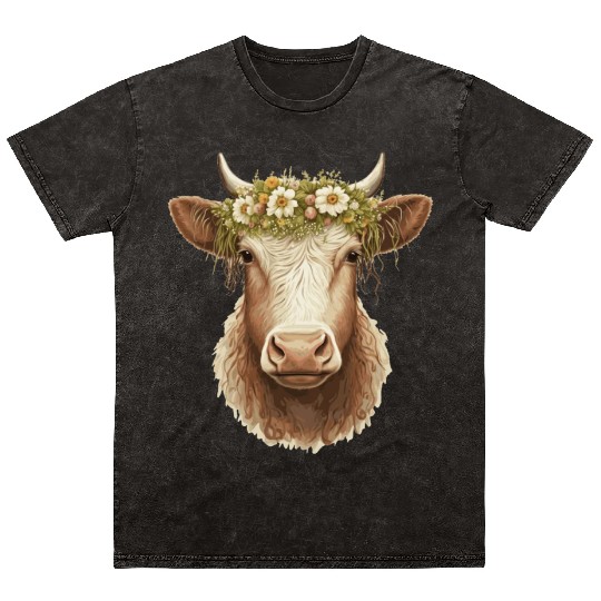 Flower Crown Cow Floral Farm Animal Pet Mineral Wash T Shirts