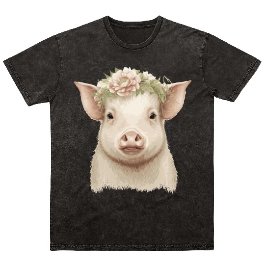 Piglet Flower Crown Pig Baby Floral Farm Animal Pe Mineral Wash T Shirts