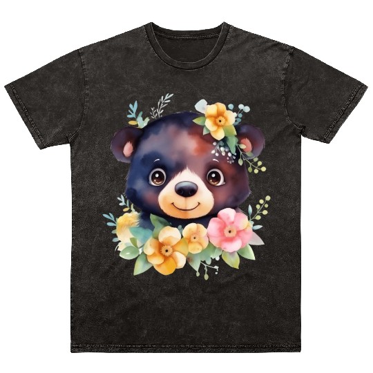 Black and Brown Forest Bear Watercolor Floral Mineral Wash T Shirts