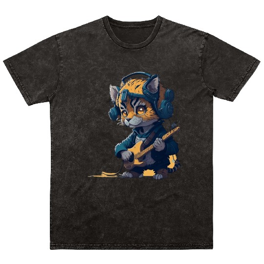baby tiger playing electric guitar Mineral Wash T Shirts