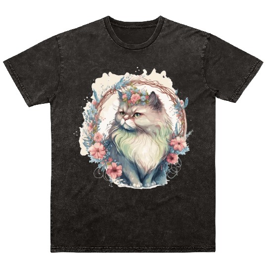 Cute Persian Cat Flower Crown Cats Pet Kitten Mineral Wash T Shirts