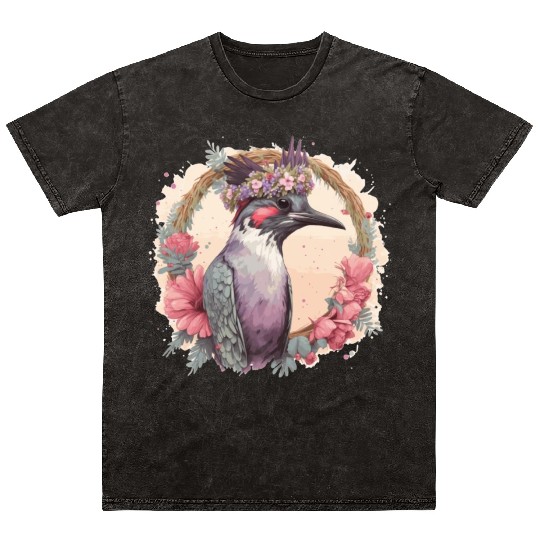 Artistic Watercolor Woodpecker Bird Flower Crown P Mineral Wash T Shirts